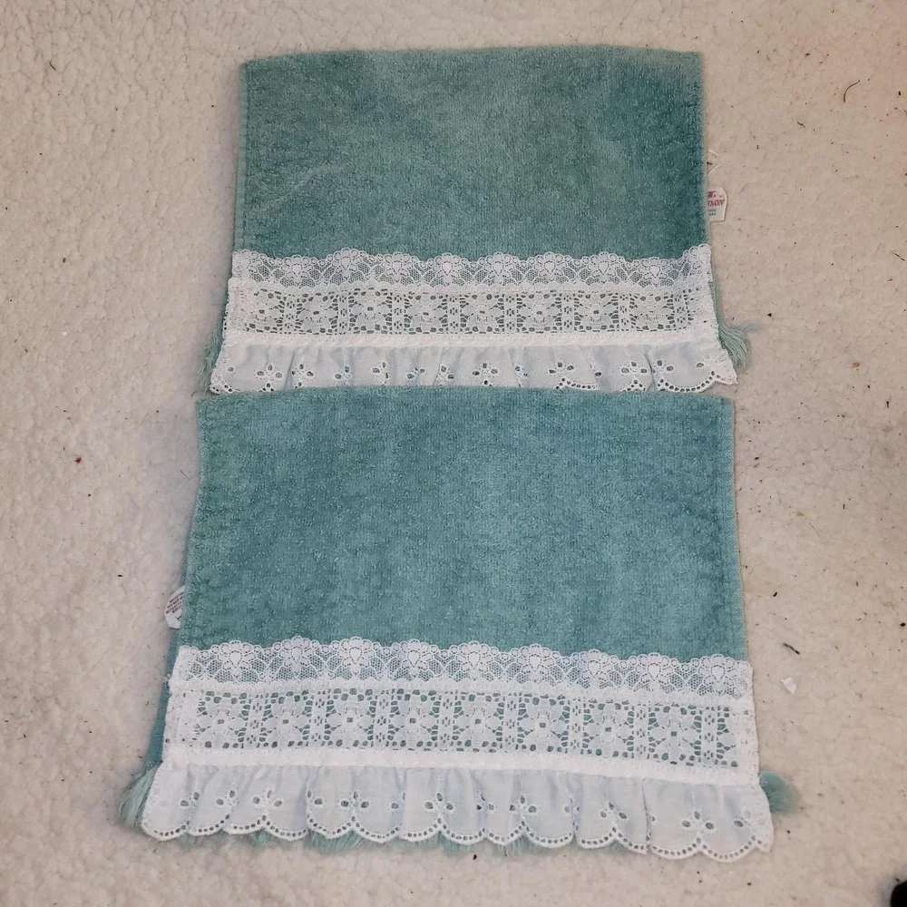 Vintage Cannon Lace‎ Trim Hand Towels Seafoam Green Cotton USA Set of 2